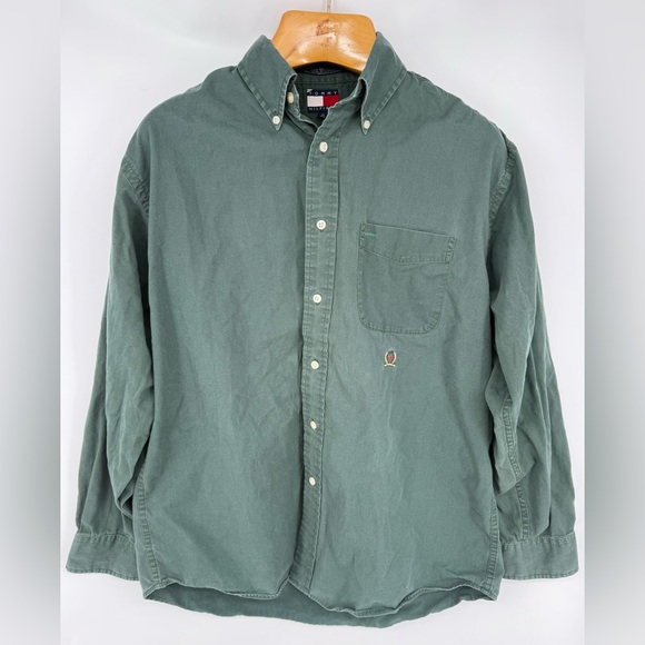 VTG 90s Tommy Hilfiger Crest Button-up Long Sleeve Shirt Medium Green Y2K - Picture 1 of 16